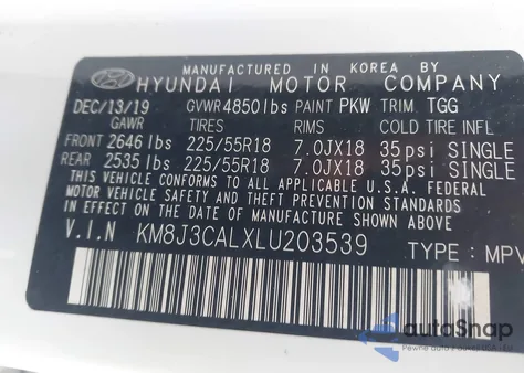 2020 Hyundai Tucson Sel z USA, uszkodzony, nr VIN KM8J3CALXLU203539